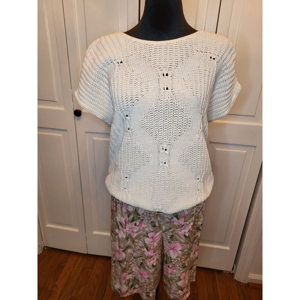 Vintage 80s Ivory Cable Knit Short Sleeve Sweater/Vest L Boho Coastal Spring